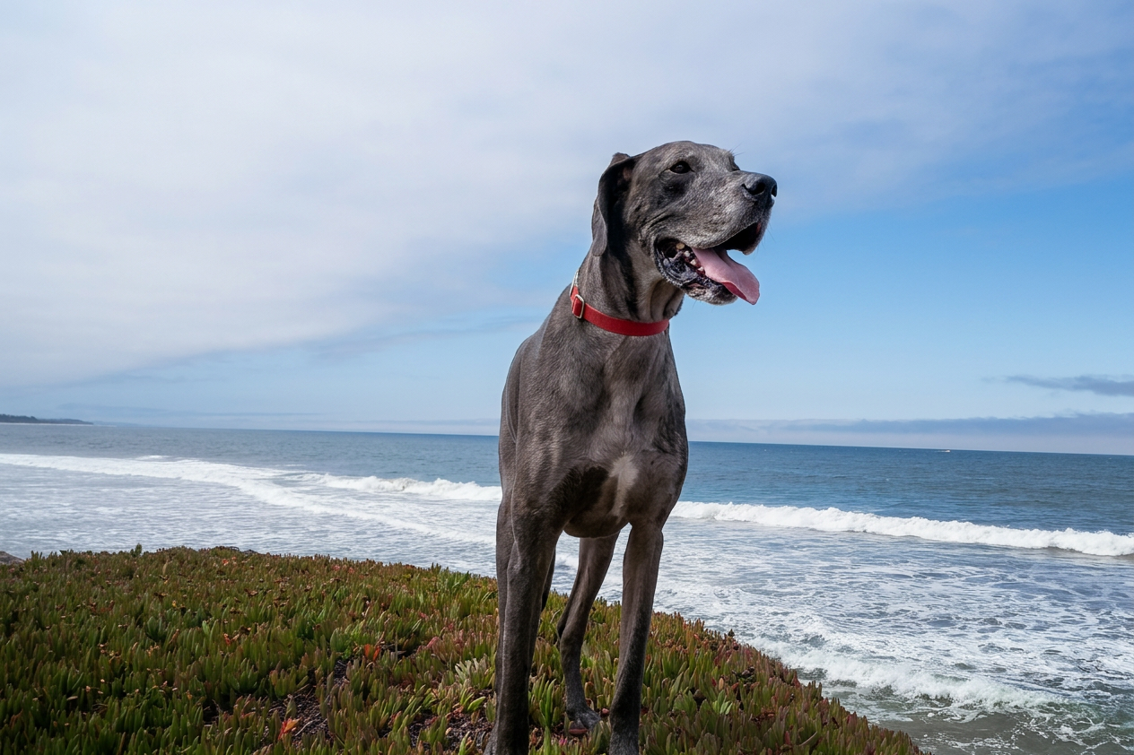 Ookii Inu, a gray Great Dane on a leash, standing on a bluff above the ocean